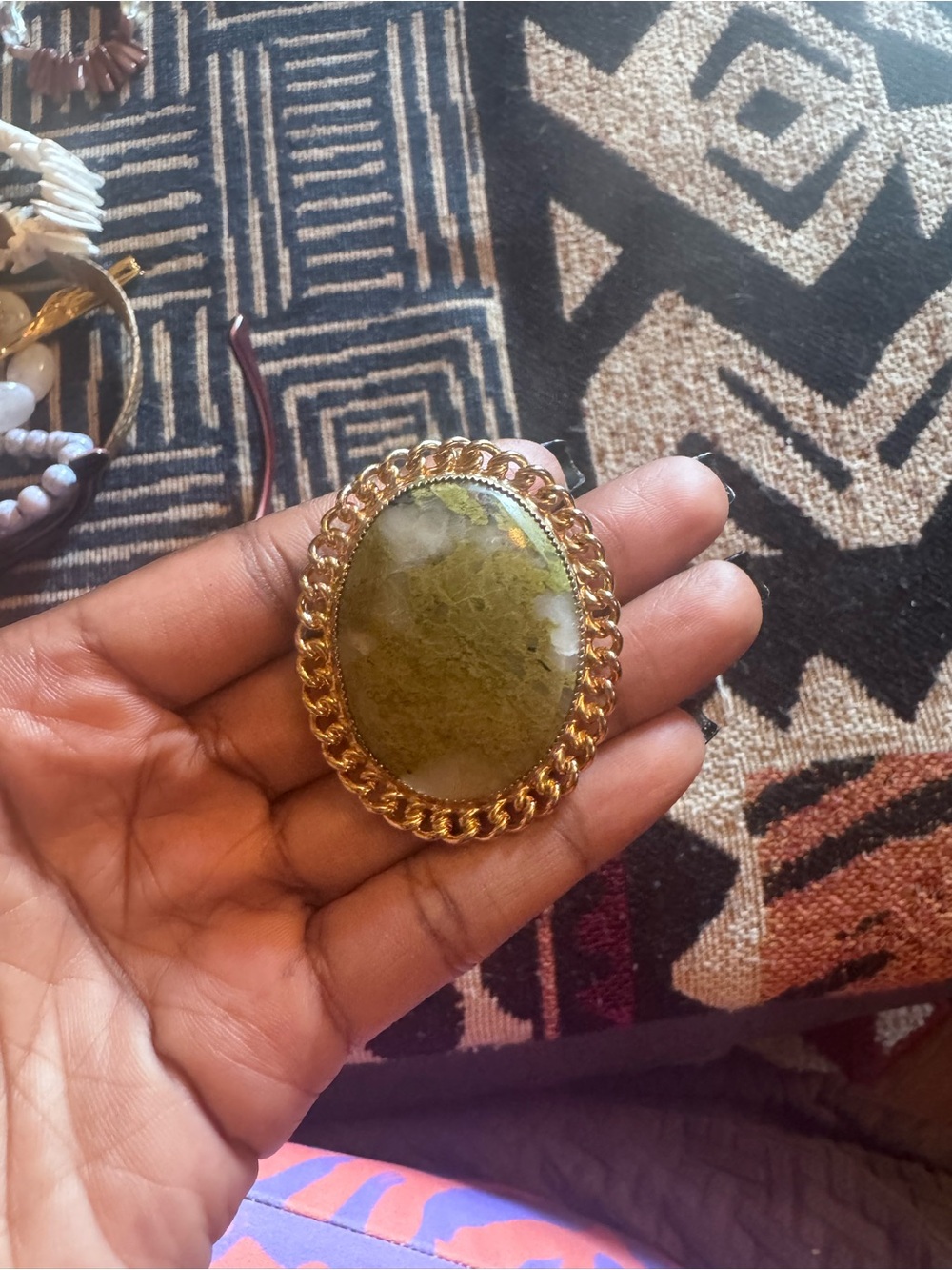 Gold-Tone Green Stone Statement Brooch - Unbranded